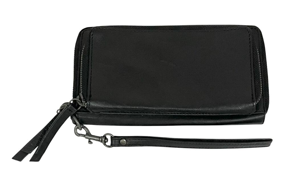 Lucky Brand Black Leather Zip-Around Wristlet Wallet Card Slots Organizer